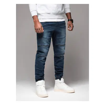 Ombre Men's denim jogger pants with rips and zippers - dark blue