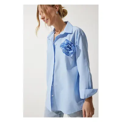 Happiness İstanbul Women's Sky Blue Premium Flower Brooch Detailed Shirt