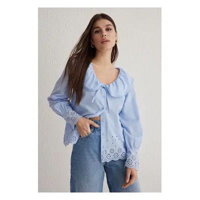 Trendyol Light Blue Collar and Woven Woven Shirt with Embroidered Hem Detail