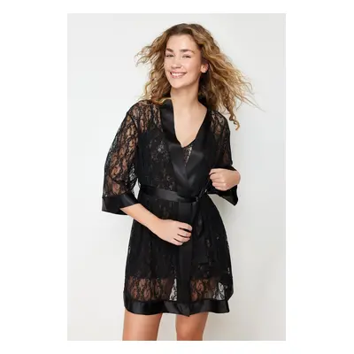 Trendyol Black Belted Satin Band Detailed Lace Knitted Dressing Gown