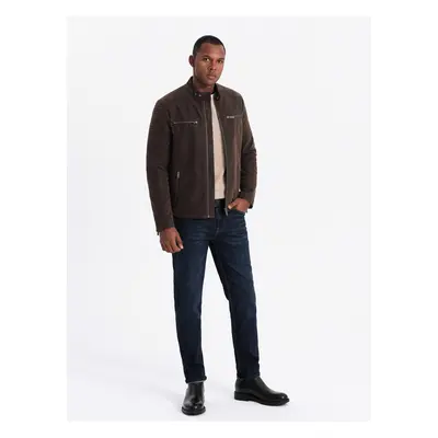 Ombre Men's retro biker jacket with stand-up collar - brown