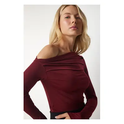 Happiness İstanbul Women's Burgundy Flowy Collar Gathered Detailed Blouse