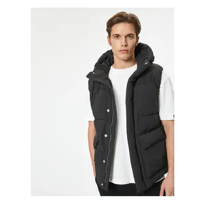 Koton Puffer Vest with Hood and Pocket and Zipper Closure