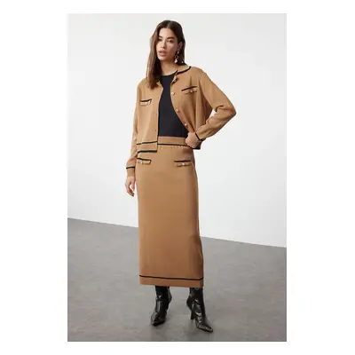 Trendyol Camel Piping Knitwear Cardigan Skirt Bottom-Top Set