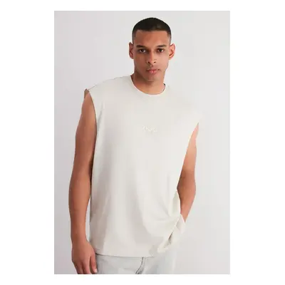 Trendyol Stone Oversize/Wide Cut Raised Text Printed Labeled Zero Sleeve T-Shirt/Athlete