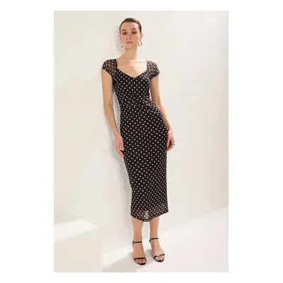 Trendyol Black Polka Dot Bodycone/Fits on Body Midi Knit Dress