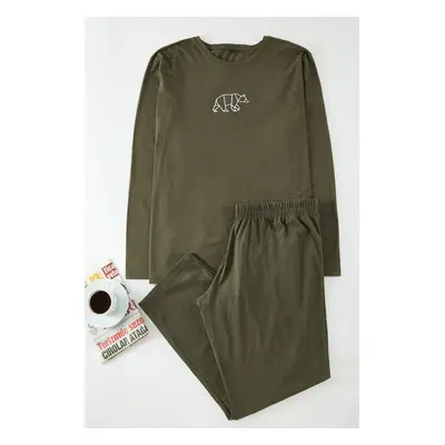 Trendyol Khaki Regular Fit Embroidered Knitted Plus Size Pajama Set