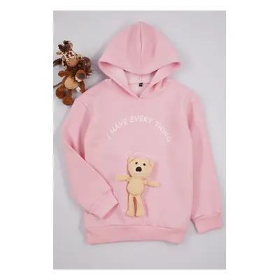 Trendyol Pink Girl's Teddy Bear Hooded Knitted Sweatshirt