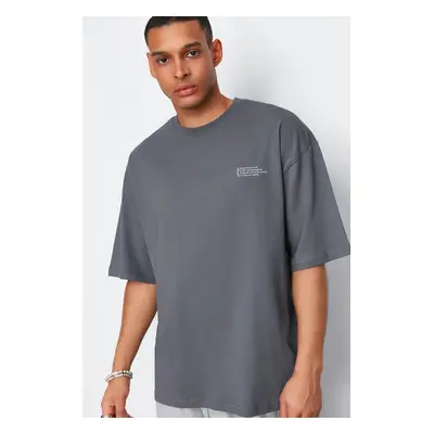 Trendyol Anthracite Oversize 100% Cotton Crew Neck Minimal Text Printed T-Shirt