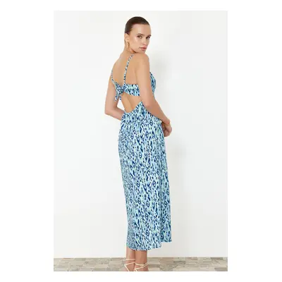 Trendyol Blue Floral Patterned Straight Cut Slit Detailed Viscose Strap Midi Dress