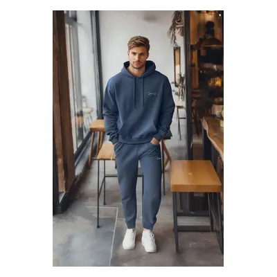 Trendyol Indigo Oversize/Wide Cut Hooded Embroidered Inside Polar Fleece Sweatshirt Tracksuit