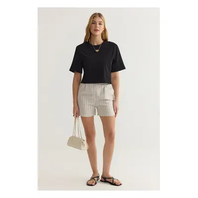 Trendyol Beige Linen Look Striped Elastic Back Waist Knee Length Woven Shorts & Bermuda