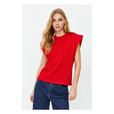 Trendyol Red 100% Cotton Wadding Look Basic Crew Neck Knitted T-Shirt