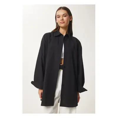 Happiness İstanbul Women's Black Oversize Long Woven Shirt