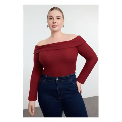 Trendyol Curve Claret Red Carmen Collar Knitted Plus Size Blouse