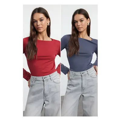 Trendyol Red-Anthracite Double Pack Boat Neck Fitted/Body-Smoothing Knitted Blouse