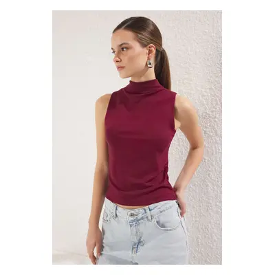 Trendyol Claret Red Stand Collar Zero Sleeve Super Flexible Regular Length Knitted Blouse