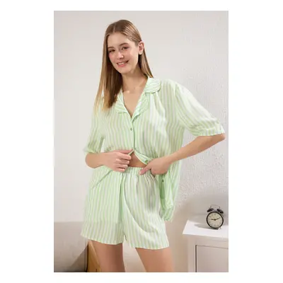 Trendyol Green Striped Viscose Top Wide Pattern Woven Pajama Set