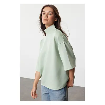 Trendyol Mint Oversize/Wide Fit Stand Collar Three Quarter Sleeve Knitted Sweatshirt