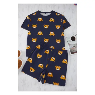 Trendyol Curve Navy Blue Teddy Bear Printed Cotton Knitted Pajamas Set