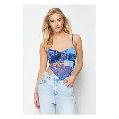 Trendyol Premium Blue Printed Strappy Asymmetrical Hem Tulle Knit Blouse