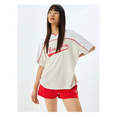 Koton Oversize Mesh T-Shirt V Neck College Printed Short Sleeve