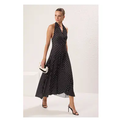 Trendyol Black Polka Dot Drawstring / Drape Maxi Stretch Knit Dress