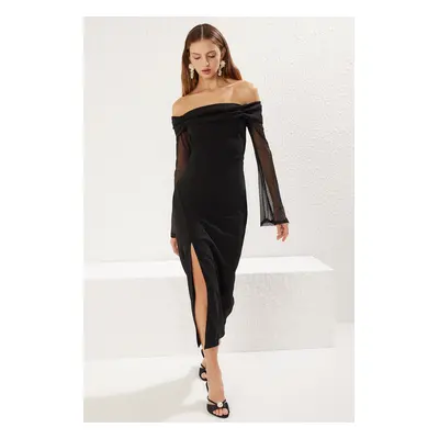 Trendyol Black Body-Styling Draped Crepe Knitted Midi Chic Dress