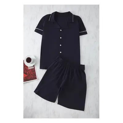 Trendyol Navy Blue Regular Fit Buttoned Piping Detail Knitted Pajama Set with Shorts