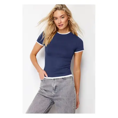 Trendyol Indigo Viscous/Soft Fabric Color Block Stretchy Knitted T-Shirt