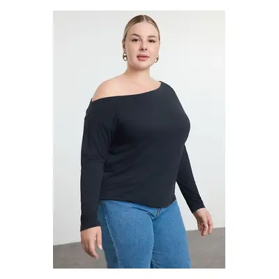 Trendyol Curve Anthracite Modal Fabric Boat Neck Relaxed Cut Knit Plus Size Blouse