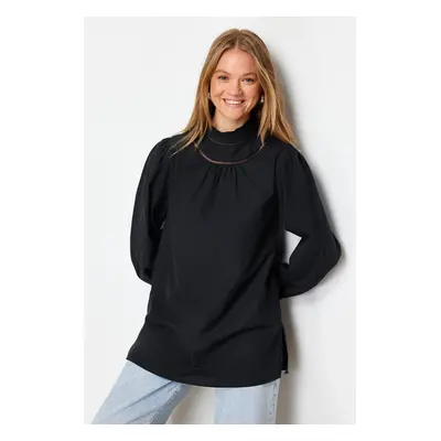 Trendyol Black Woven Cotton Tunic with Embroidery Detail on Collar