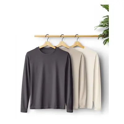 Trendyol Anthracite-Stone-Ecru Plus Size Slim/Slim Cut Crew Neck 3-Pack Basic T-shirt