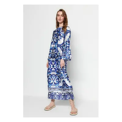 Trendyol Blue Satin Ethnic Patterned Evening Jalabiya Dress