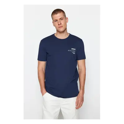 Trendyol Navy Blue Regular/Normal Cut Text Printed Crew Neck 100% Cotton T-Shirt