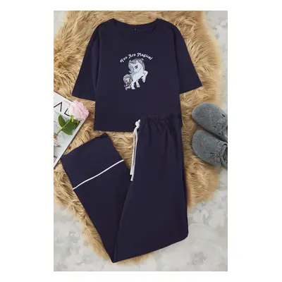 Trendyol Navy Blue Plain Biased Jersey Knitted Pajamas Set