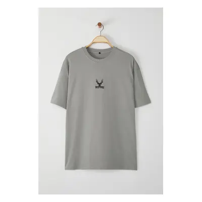 Trendyol Grey Oversize/Wide Cut Deer Embroidered 100% T-Shirt