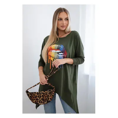 Halenka oversize s khaki potiskem duhových rtů