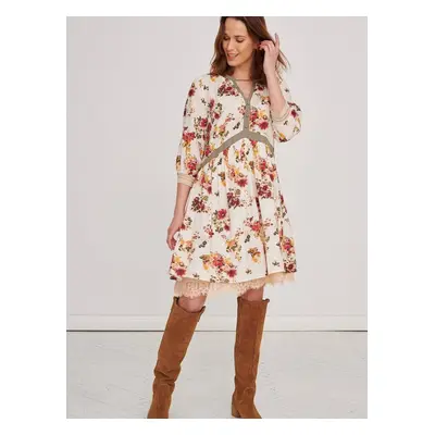 Beige Flared Floral Dress Blue Shadow