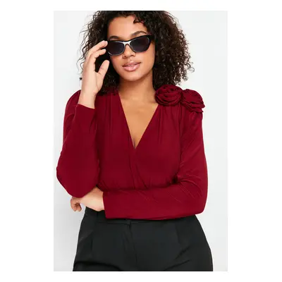 Trendyol Curve Burgundy Rose Detailed Double Breasted Collar Accessory Bodysuit