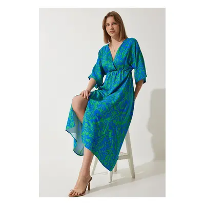 Happiness İstanbul Women's Blue Green Deep V-Neck Summer Long Viscose Dress