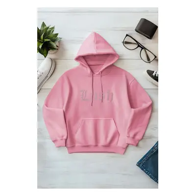 Trendyol Pink Thick Polar Fleece Hooded Slogan Printed Oversize/Wide Pattern Knitted Sweatshirt