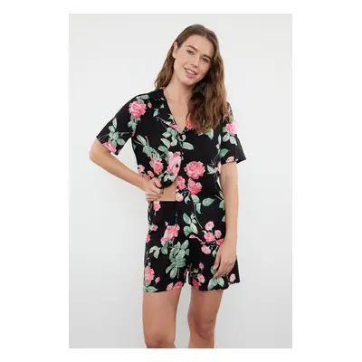 Trendyol Black-Multicolored Floral Viscose Shorts Woven Pajama Set