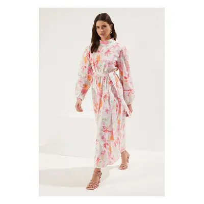 Trendyol Pink Linen Look Floral Patterned Cotton Woven Dress