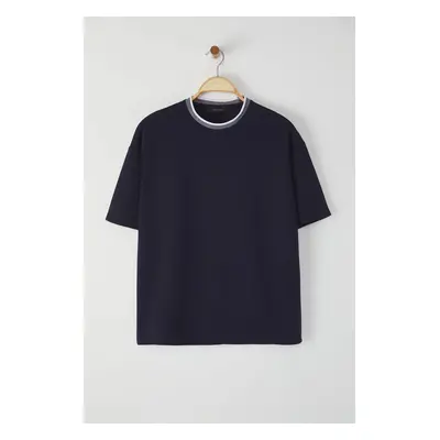 Trendyol Limited Edition Navy Blue Oversize/Wide Cut Knitted Banded Textured Pique T-Shirt