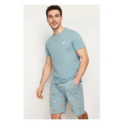 Trendyol Blue Regular Fit Printed Knitted Shorts Summer Pajamas Set