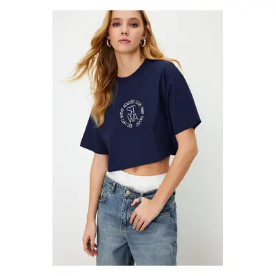 Trendyol Navy Blue 100% Cotton Embroidered Crop Crew Neck Knitted T-Shirt