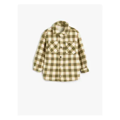 Koton Plaid Fleece Shirt Jacket with Pocket