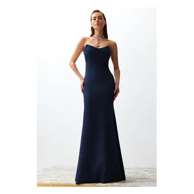 Trendyol Navy Blue Collar Detail Woven Long Elegant Evening Dress