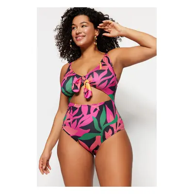 Trendyol Curve Tropical Patterned Tie Detail Swimsuit